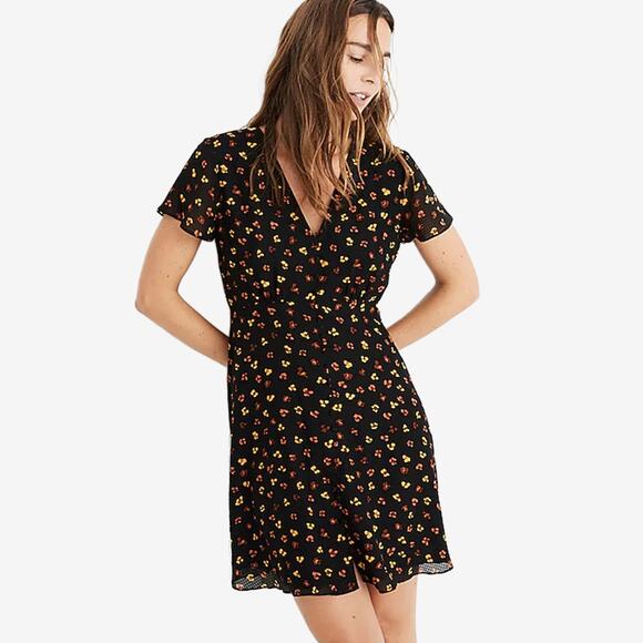 Madewell Silk Button-Front Swing Mini Dress Size 4 Black Feline Floral Soft Girl - Picture 3 of 4